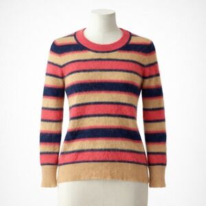 Vtg Wallace Rabbit Hair Striped Fuzzy Sweater Coral Tan S Stretch Preppy‎ Luxury